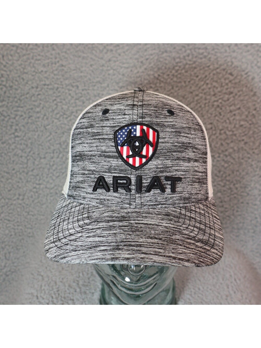 Ariat Snapback Trucker Mesh Cap Hat Embroidered Flag Grey